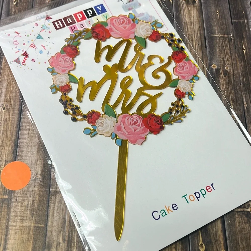 5for$10 Mr And Mrs Gold Floral Pink Rose Wedding Cake Topper NWT Party Supply